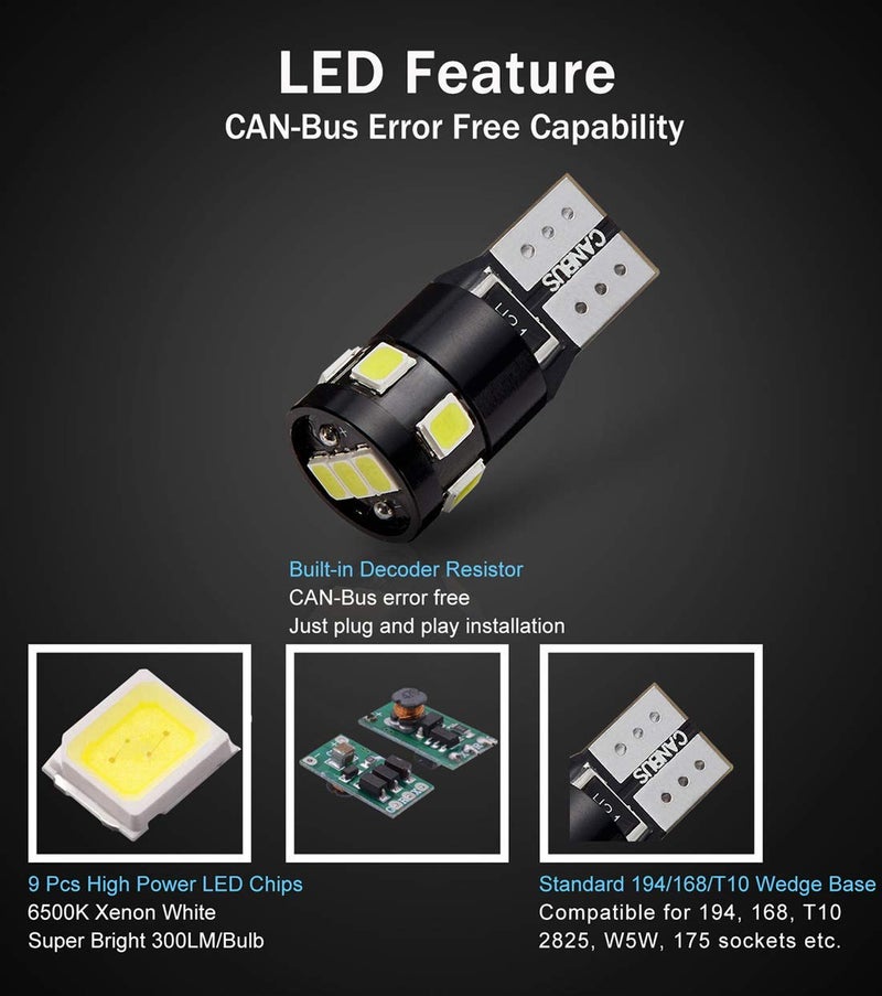 BRISHINE 300LM Extremely Bright Canbus Error Free 194 168 2825 W5W T10 LED Bulbs 6000K Xenon White 9-SMD 2835 LED Chipsets for Dome Map Door Courtesy License Plate Lights (Pack of 4) - Image 4